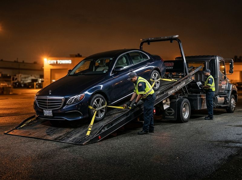 Flatbed tow truck loading lowered luxury vehicle